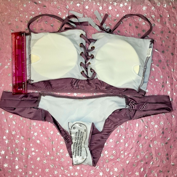 NEW LARGE PLUM 2 PIECE SWIMSUIT POPULAR BRAND REMOVABLE PADS HALTER /bandeau top - Picture 11 of 11